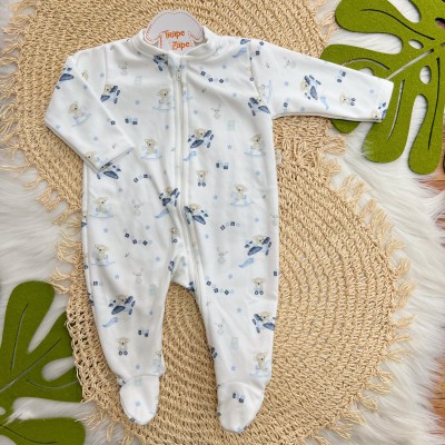 Macacão em Soft com Abertura em Zíper Coala Brincando - Off White e Azul